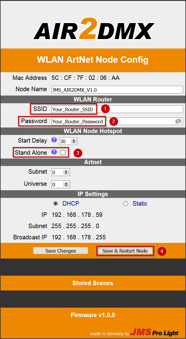 JMS AIR2DMX node settings Router mode